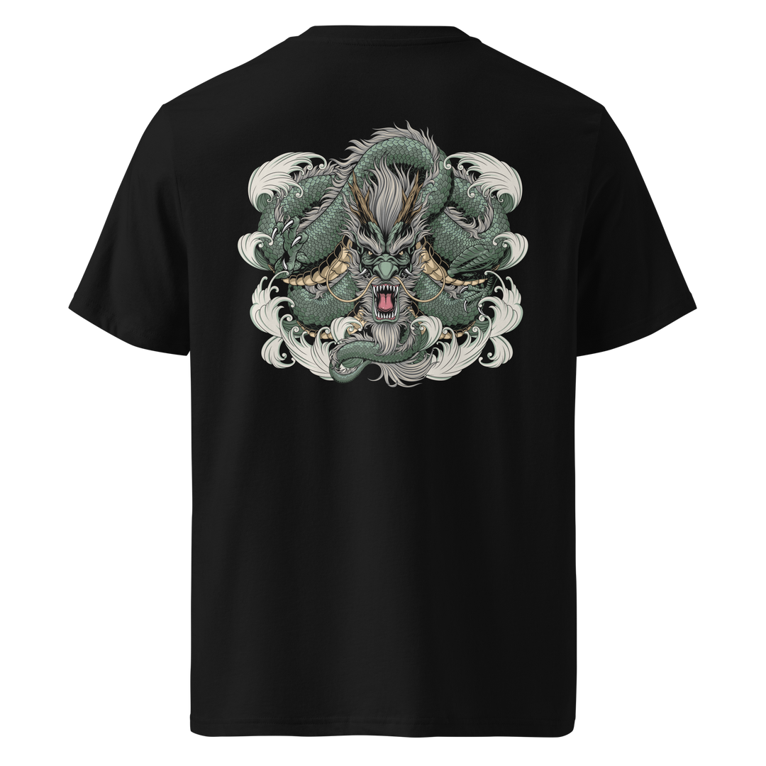 Back view of black t-shirt featuring Irezumi tattoo-inspired jade coiled dragon design, made from 100% organic ring-spun cotton, regular fit with ribbed collar and durable double-needle stitching.