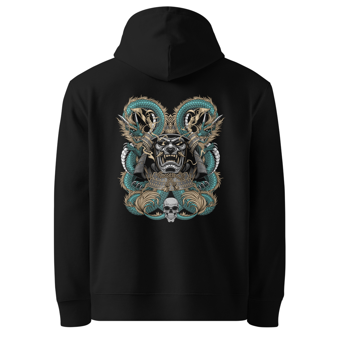 Back view of black hoodie featuring Irezumi tattoo-inspired two jade dragons coiling around a samurai mask design, made from 100% organic cotton, regular fit with ribbed cuffs and hem.