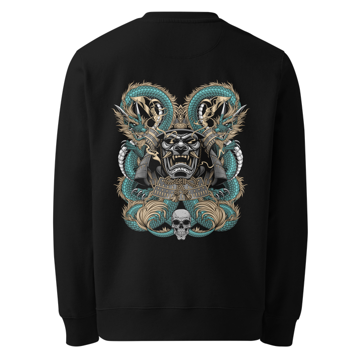 Back view of black sweatshirt featuring Irezumi tattoo-inspired jade dragon coiling around a samurai mask design, made from 100% organic ring-spun cotton, regular fit with ribbed cuffs and hem.