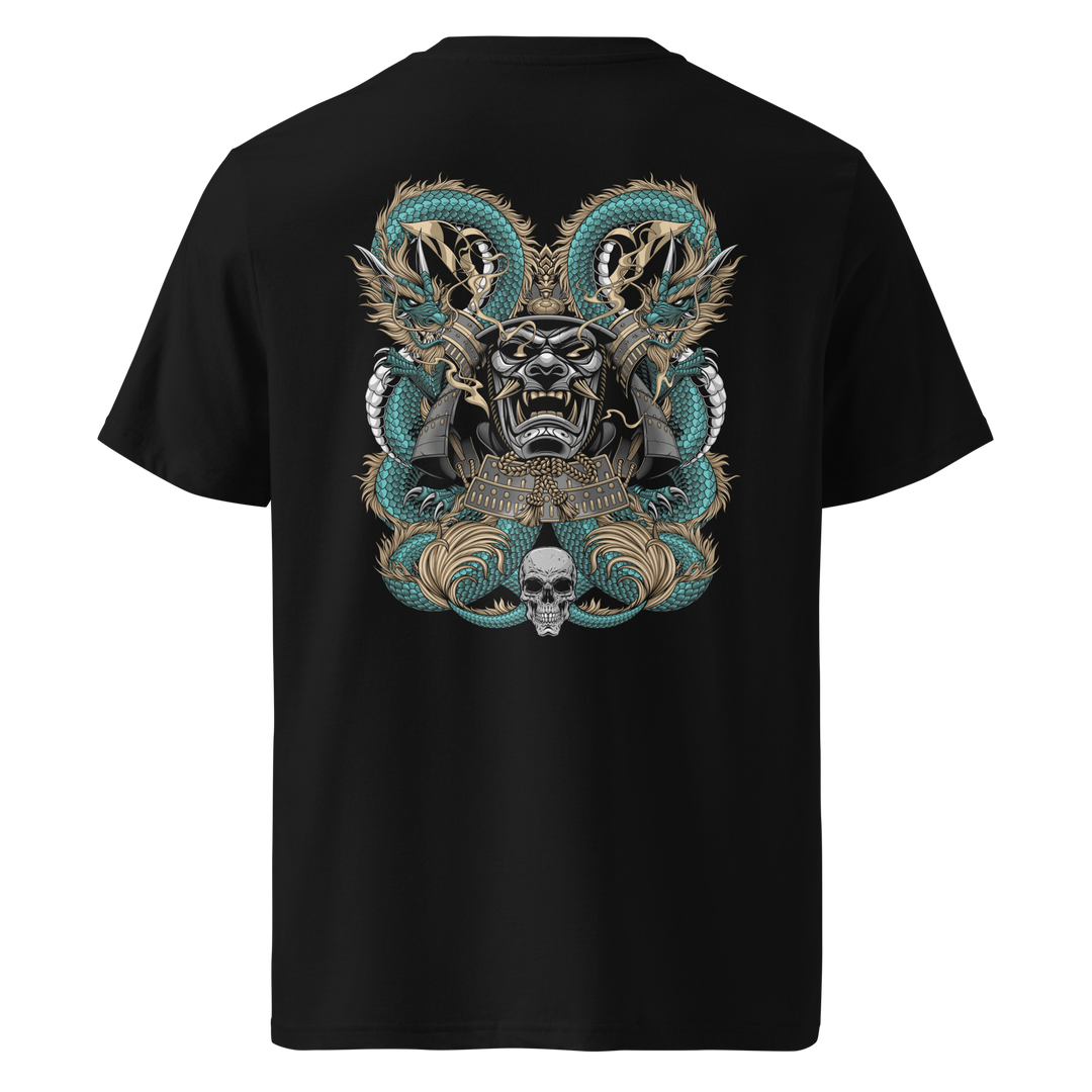 Back view of black t-shirt featuring Irezumi tattoo-inspired jade dragons coiling around a samurai mask design, made from 100% organic ring-spun cotton, regular fit with ribbed collar and durable double-needle stitching.