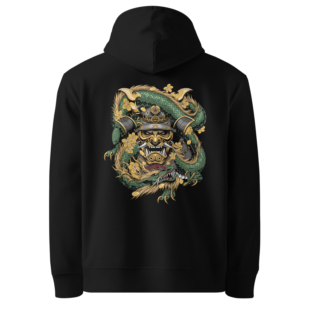 Back view of black hoodie featuring Irezumi tattoo-inspired jade samurai mask embraced by a dragon design, made from 100% organic cotton, regular fit with ribbed cuffs and hem.