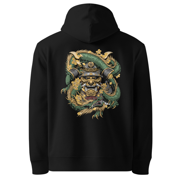 Back view of black hoodie featuring Irezumi tattoo-inspired jade samurai mask embraced by a dragon design, made from 100% organic cotton, regular fit with ribbed cuffs and hem.