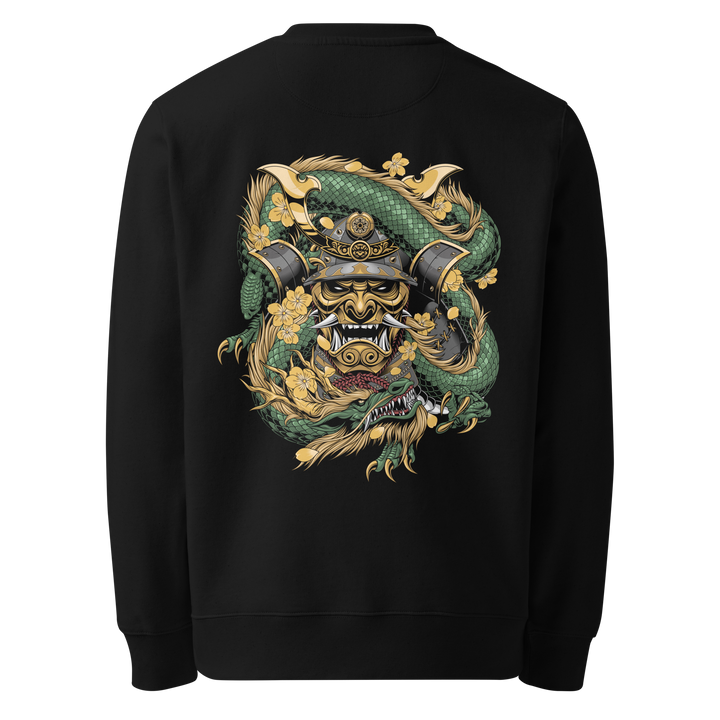 Back view of black sweatshirt featuring Irezumi tattoo-inspired samurai mask with jade dragon coiled around it design, made from 100% organic ring-spun cotton, regular fit with ribbed cuffs and hem.