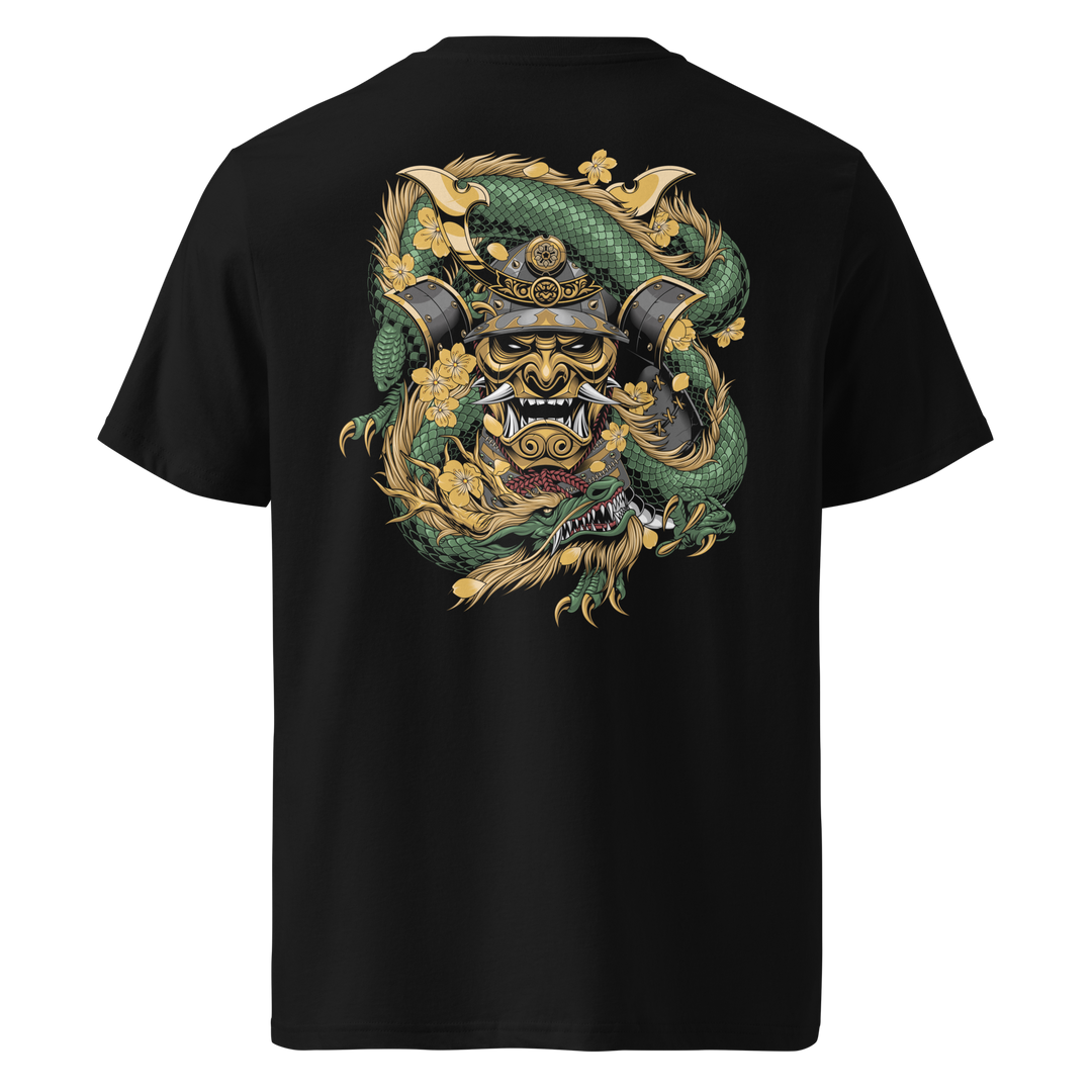 Back view of black t-shirt featuring Irezumi tattoo-inspired samurai mask design, made from 100% organic ring-spun cotton, regular fit with ribbed collar and durable double-needle stitching.