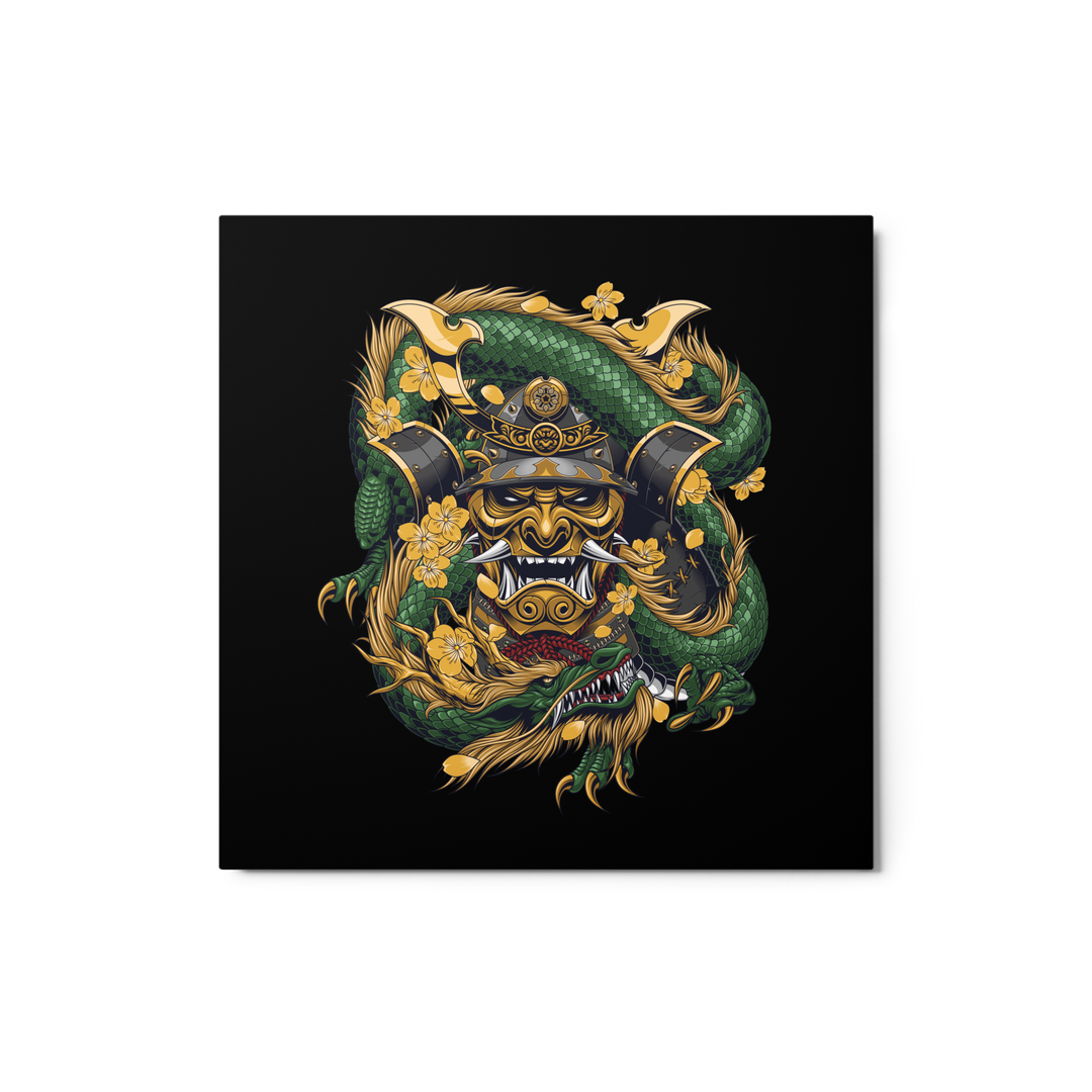 Jade Samurai Mask Embraced Metal Print with a jade-colored dragon coiled around a samurai mask, featuring intricate details and vibrant green hues.