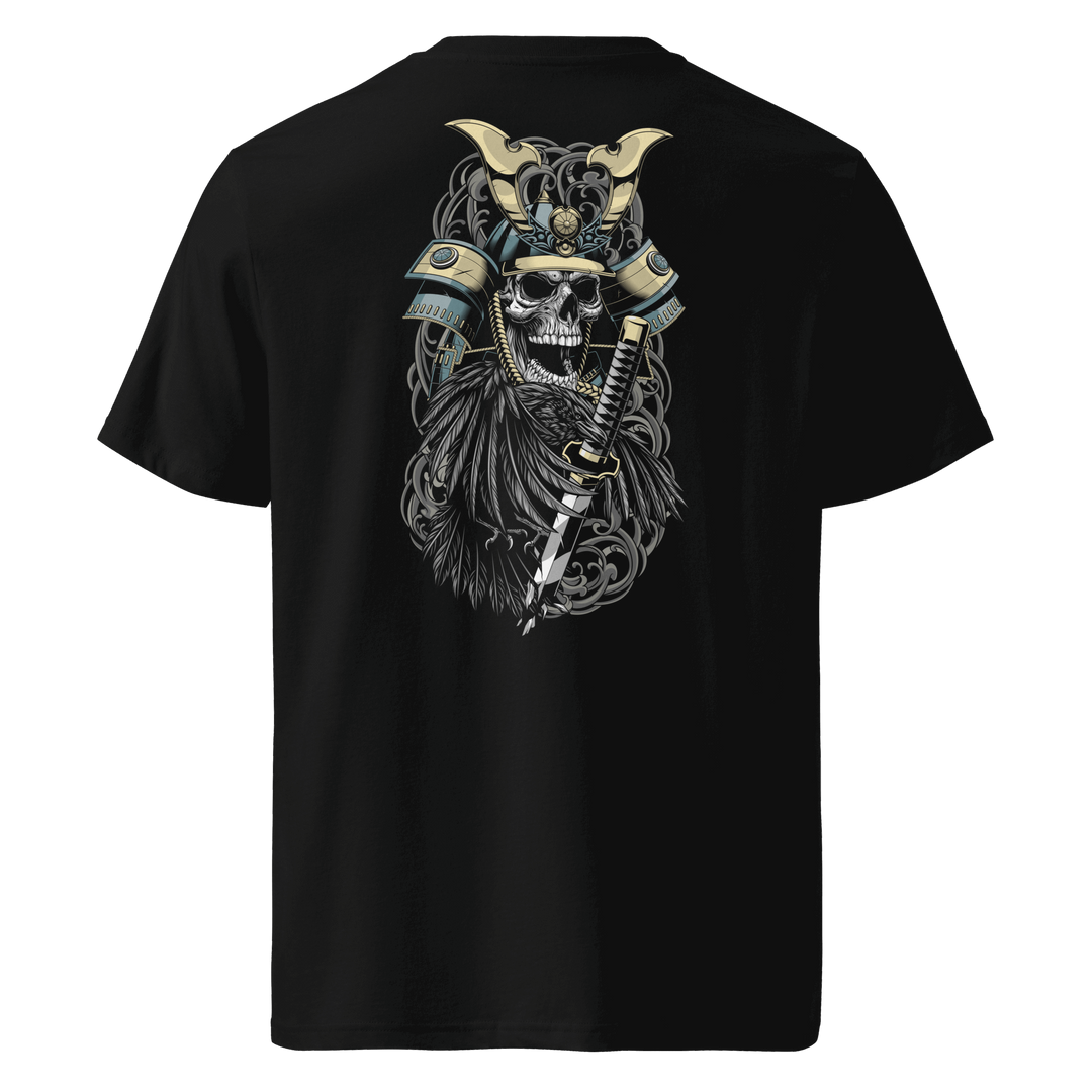 A green tee featuring a detailed back print design of a skull-adorned samurai warrior, with a raven perched above a broken sword, symbolizing strength, loss, and resilience. egular fit with set-in sleeves. Ribbed crew neck and reinforced seams for enhanced durability and comfort.