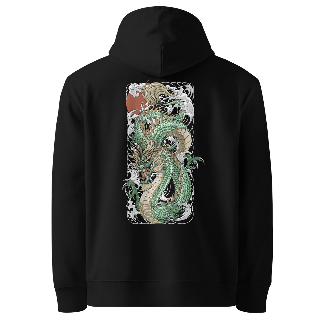 Back view of black hoodie featuring Irezumi tattoo-inspired jade dragon riding crashing waves design, made from 100% organic cotton, regular fit with ribbed cuffs and hem.