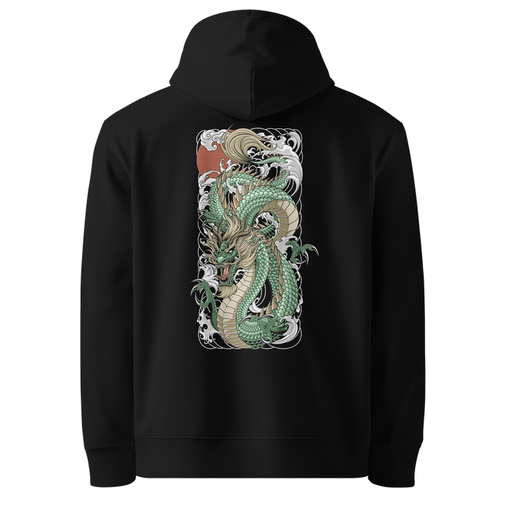 Back view of black hoodie featuring Irezumi tattoo-inspired jade dragon riding crashing waves design, made from 100% organic cotton, regular fit with ribbed cuffs and hem.