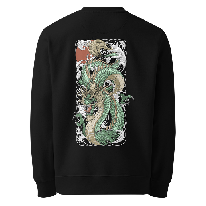 Back view of black sweatshirt featuring Irezumi tattoo-inspired jade tide dragon rising through waves design, made from 100% organic ring-spun cotton, regular fit with ribbed cuffs and hem.