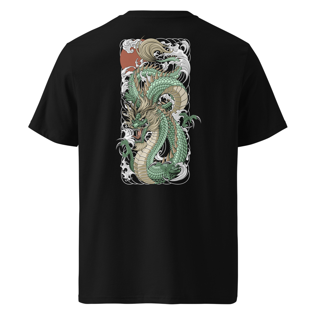 Back view of black t-shirt featuring Irezumi tattoo-inspired jade tide dragon with waves design, made from 100% organic ring-spun cotton, regular fit with ribbed collar and durable double-needle stitching.