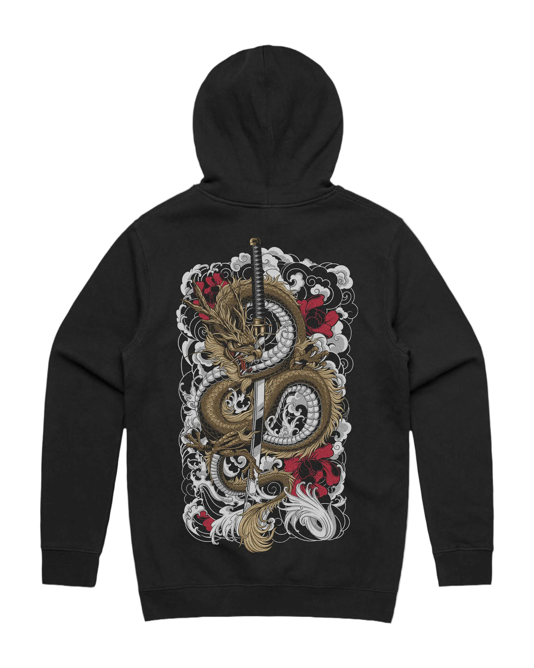 Japanese dragon graphic back print on heavyweight pullover hoodie in black