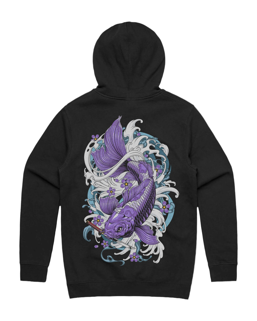 Koi fish graphic back print on heavyweight pullover hoodie in black