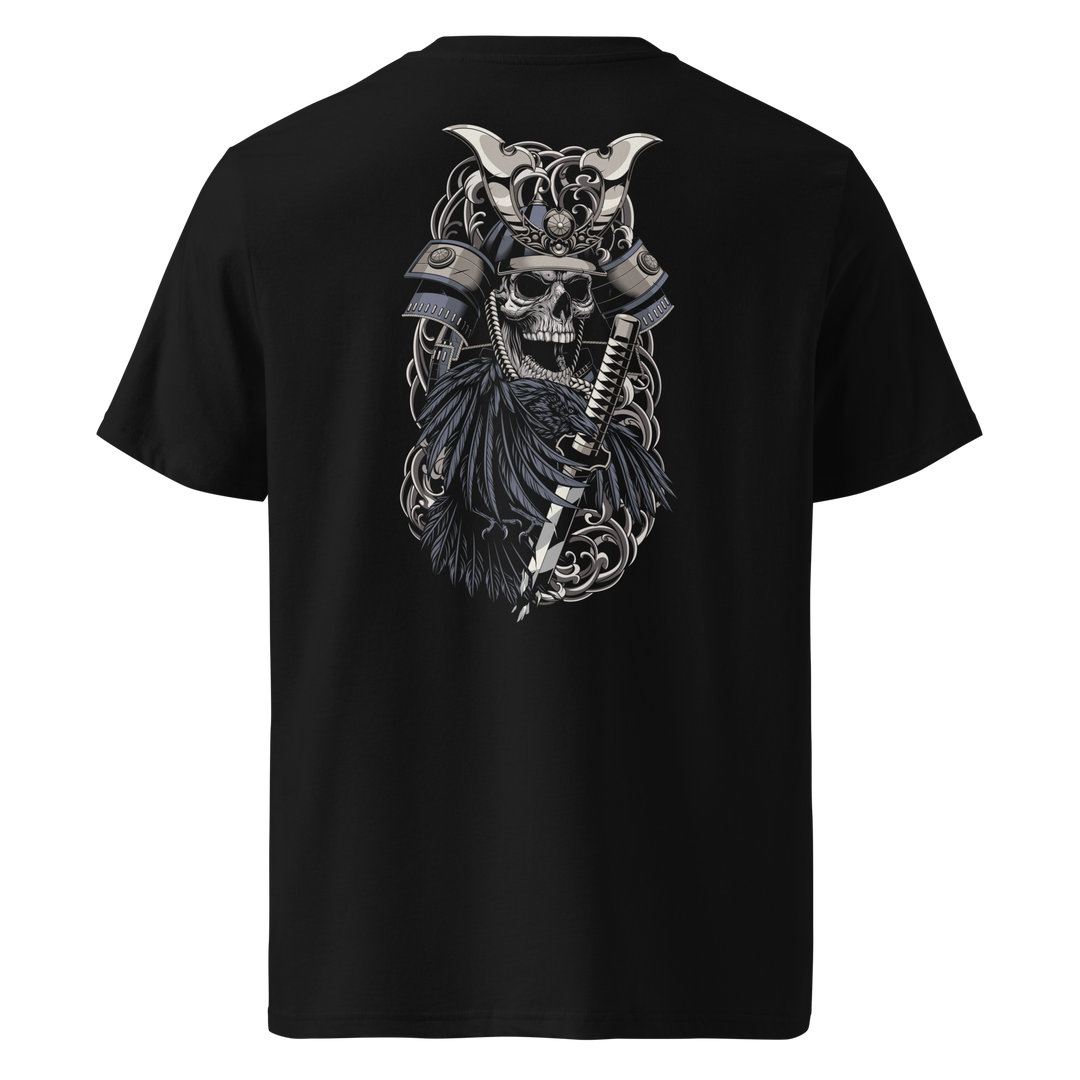 A black tee featuring a detailed back print design of a skull-adorned samurai warrior, with a raven perched above a broken sword, symbolizing strength, loss, and resilience.