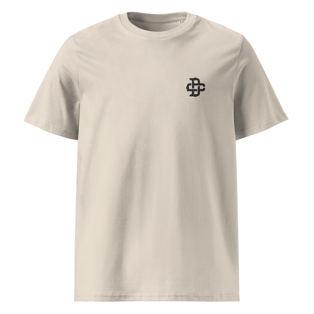 DC logo embroidery in black left chest natural raw tee