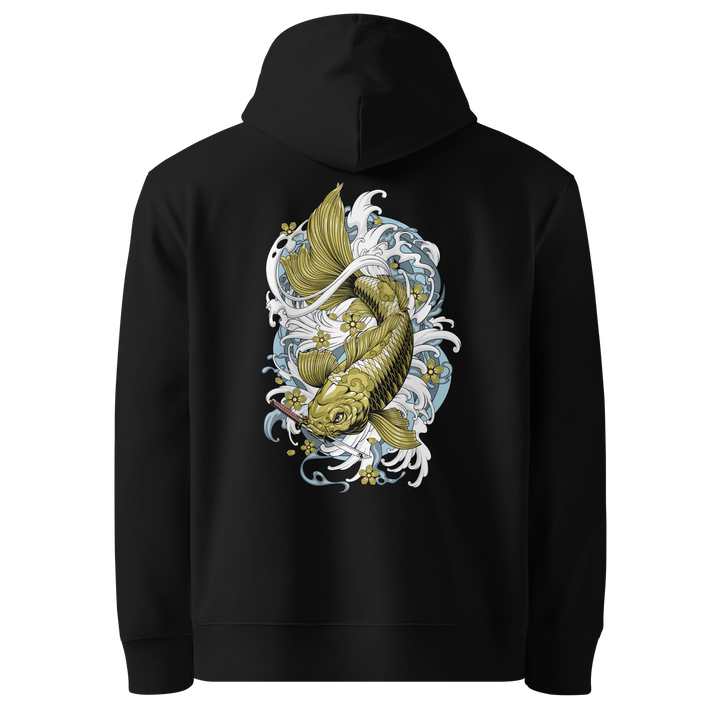 Back view of black hoodie featuring Irezumi tattoo-inspired ochre koi fish swimming downward with a dagger in its mouth design, made from 100% organic cotton, regular fit with ribbed cuffs and hem.