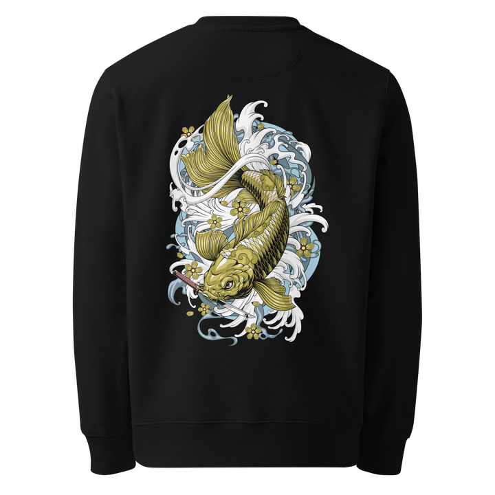 Back view of black sweatshirt featuring Irezumi tattoo-inspired ochre koi fish swimming through waves design, made from 100% organic ring-spun cotton, regular fit with ribbed cuffs and hem.