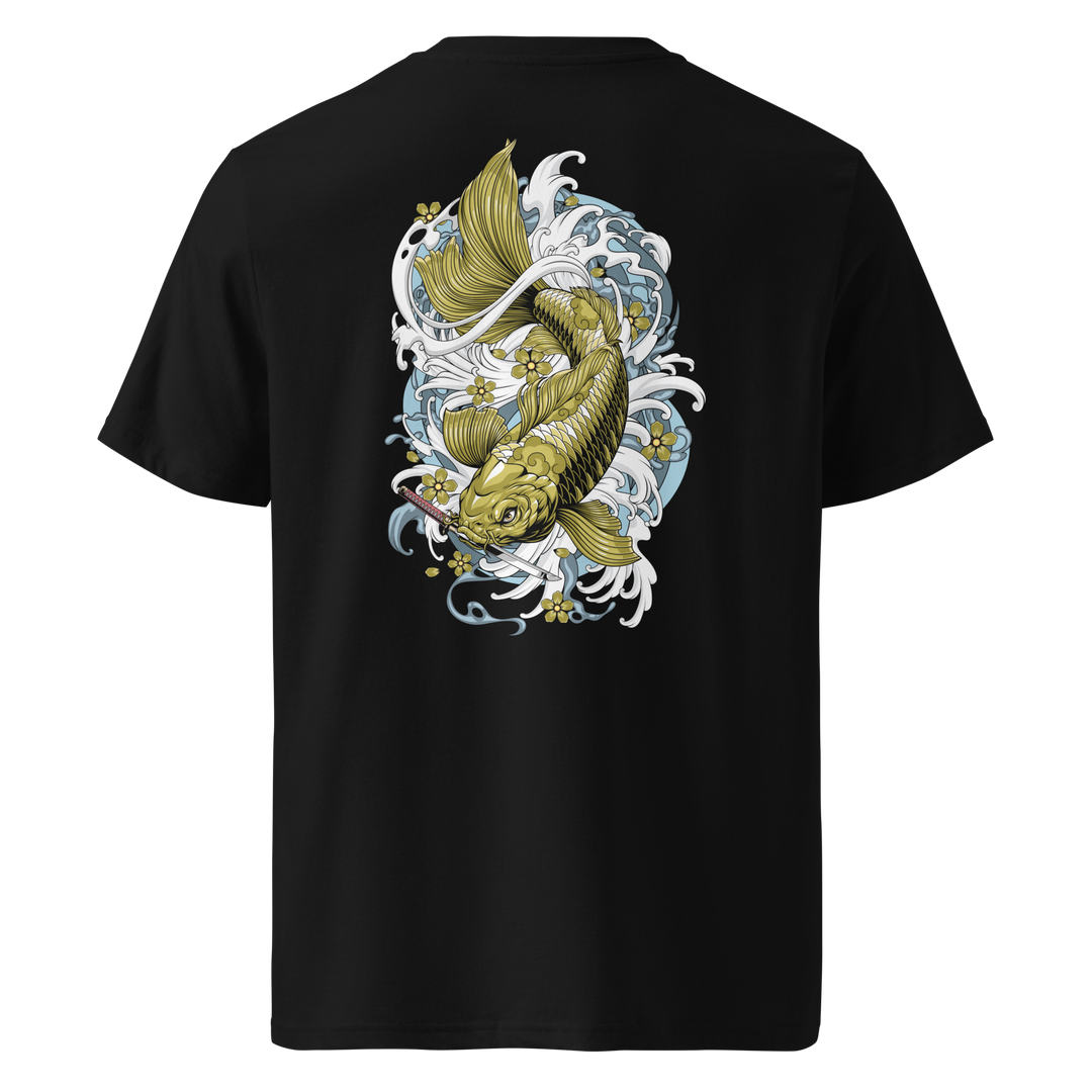 Back view of black t-shirt featuring Irezumi tattoo-inspired ochre koi fish design, made from 100% organic ring-spun cotton, regular fit with ribbed collar and durable double-needle stitching.