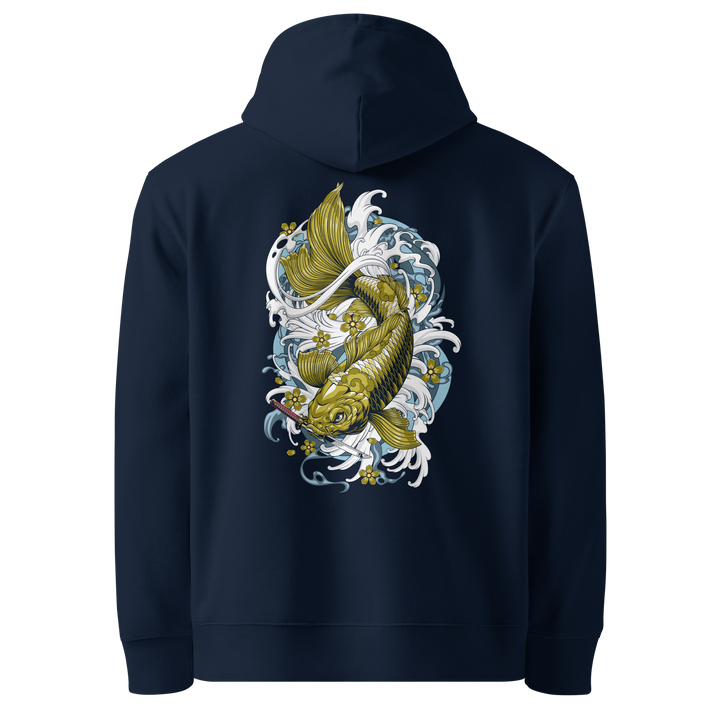 Back view of blue hoodie featuring Irezumi tattoo-inspired ochre koi fish swimming downward with a dagger in its mouth design, made from 100% organic cotton, regular fit with ribbed cuffs and hem.