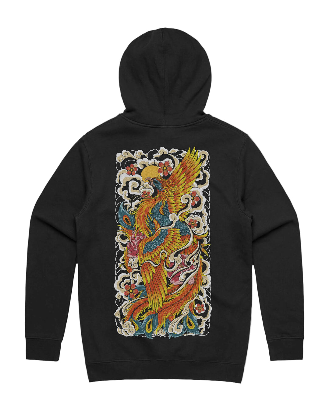 Japanese phoenix graphic back print on heavyweight pullover hoodie in black