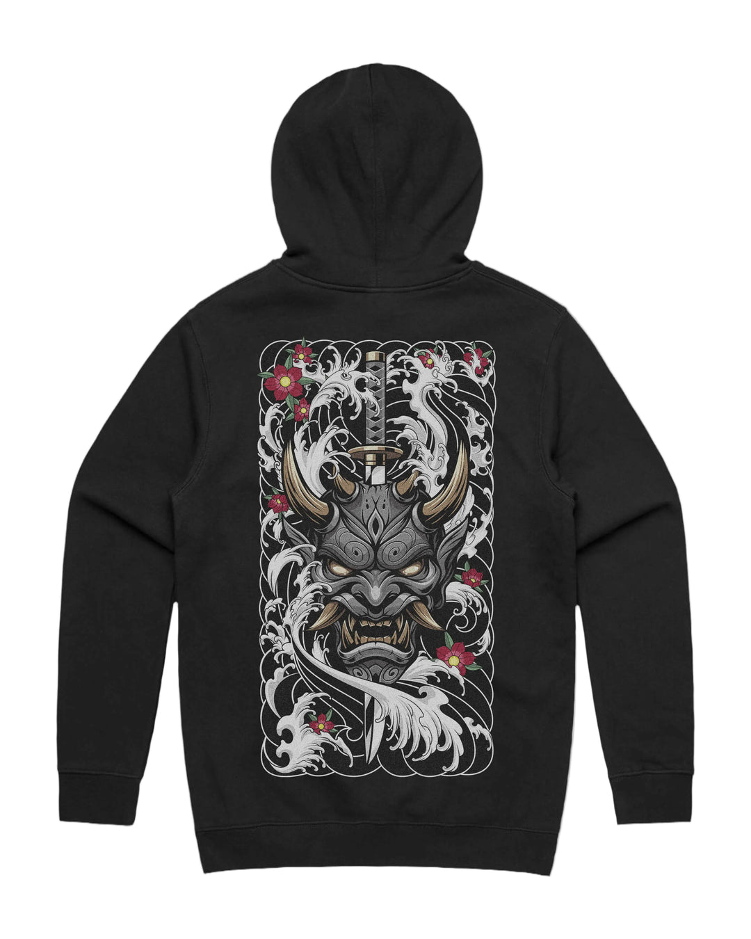 Pierced oni graphic back print on heavyweight pullover hoodie in black