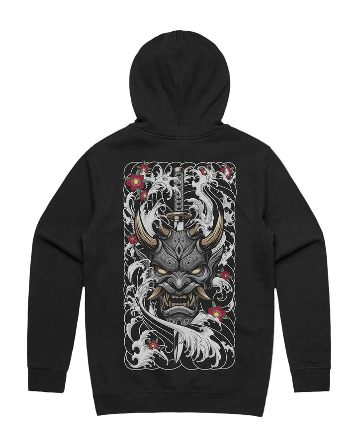 Pierced oni graphic back print on heavyweight pullover hoodie in black