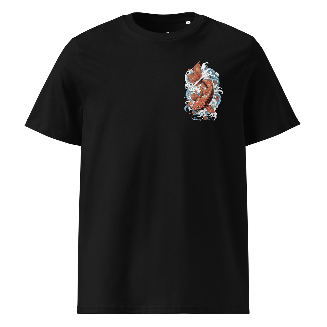 Black version of the Resilience in Motion Graphic Tee with left chest koi fish design