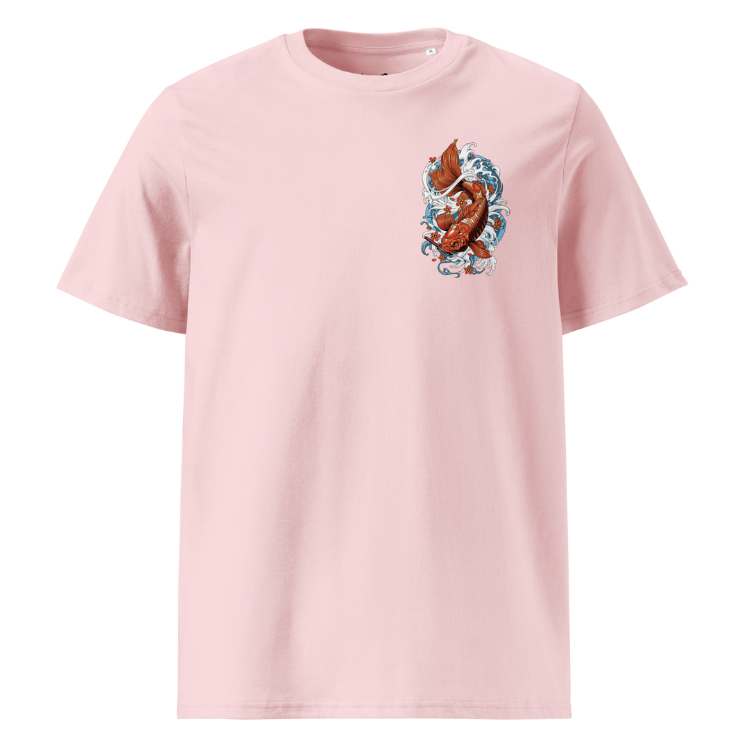 Cotton Pink version of the Resilience in Motion Graphic Tee with left chest koi fish design