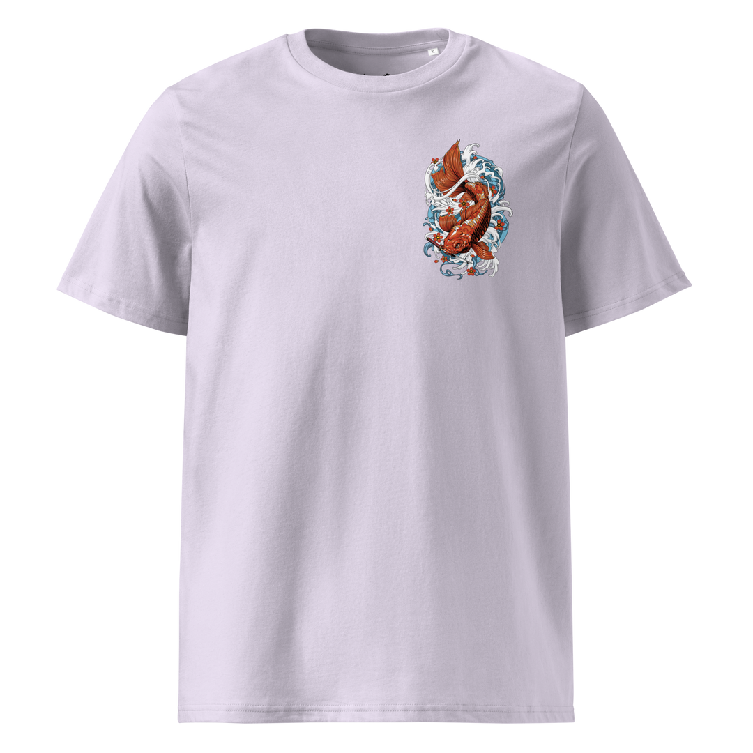 Lavender version of the Resilience in Motion Graphic Tee with left chest koi fish design