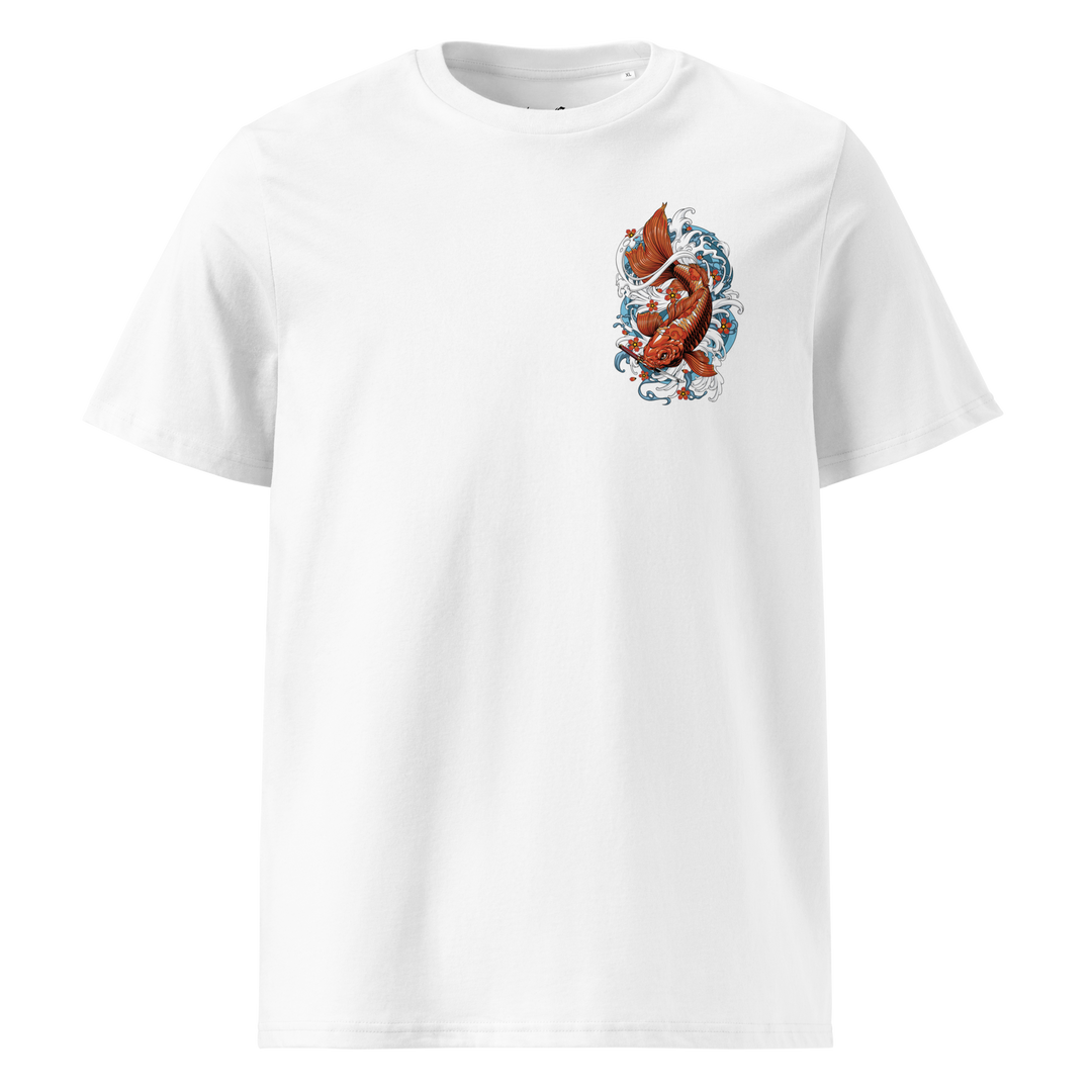 White version of the Resilience in Motion Graphic Tee with left chest koi fish design