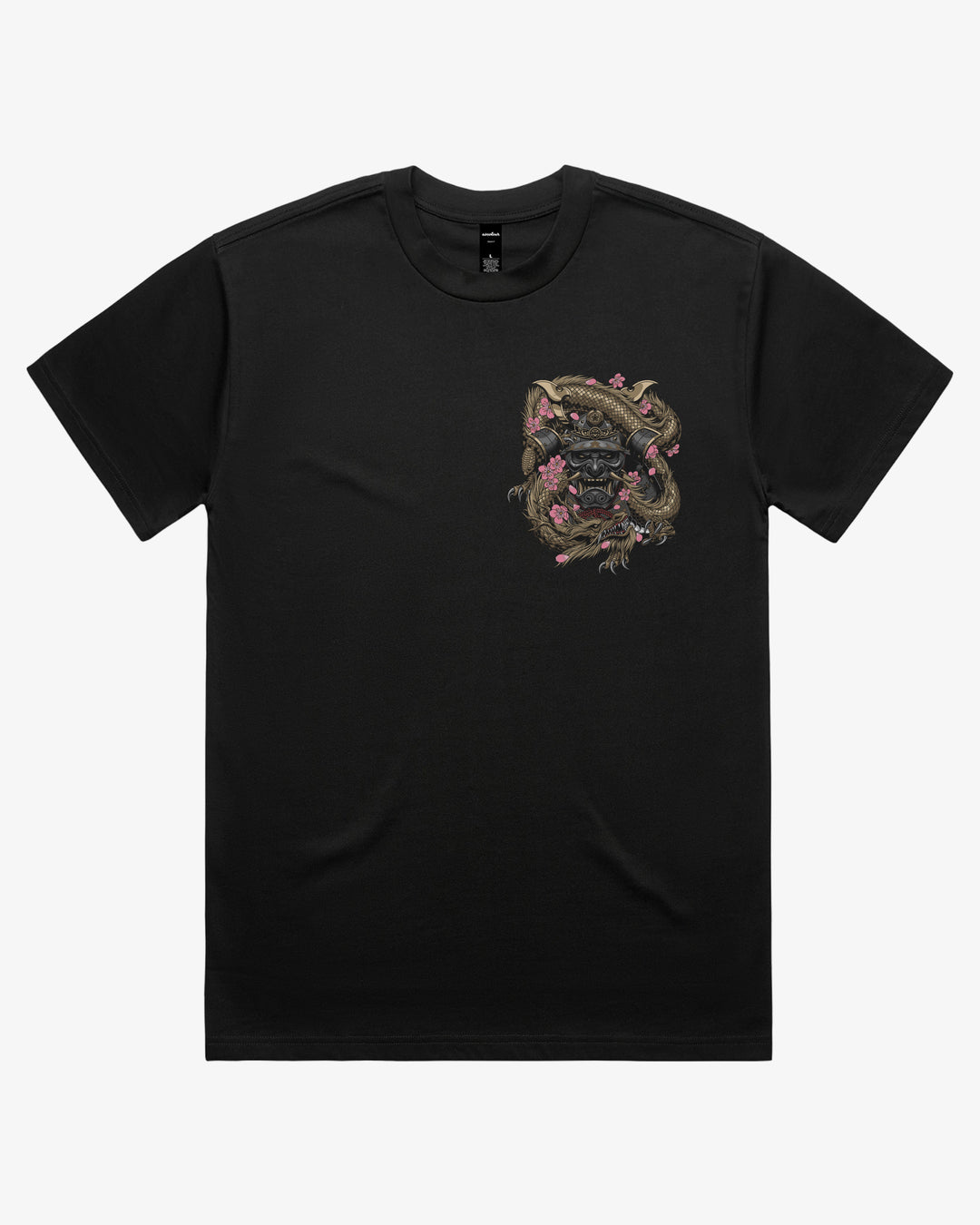 Black oversized 280GSM Japanese graphic tee with left chest dragon coiled around a samurai mask and cherry blossom artwork