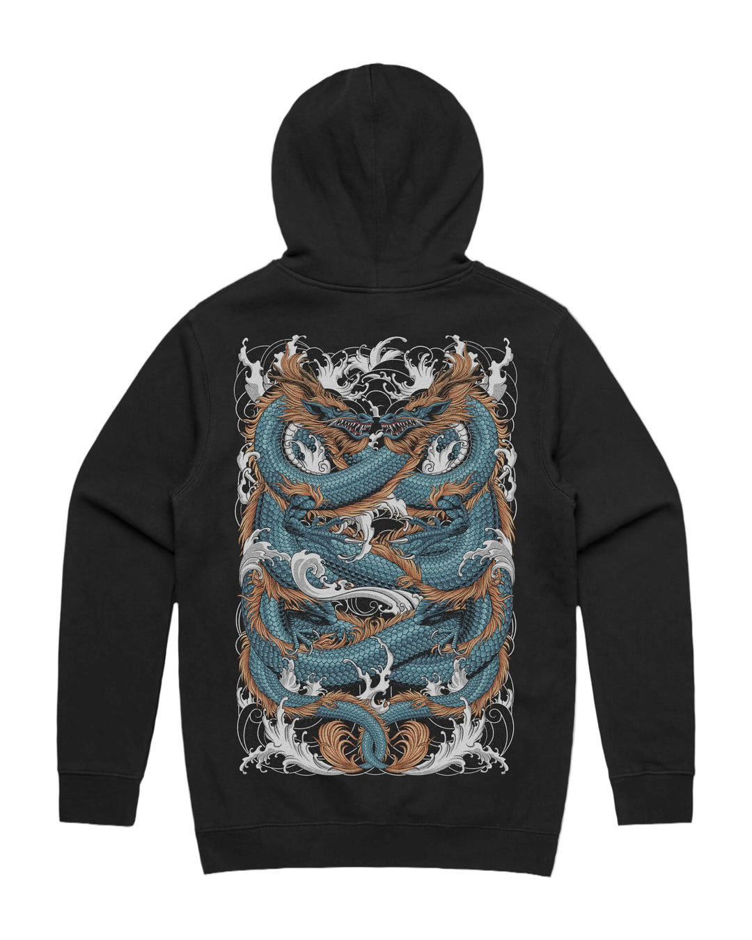 Blue ryu graphic back print on heavyweight pullover hoodie in black