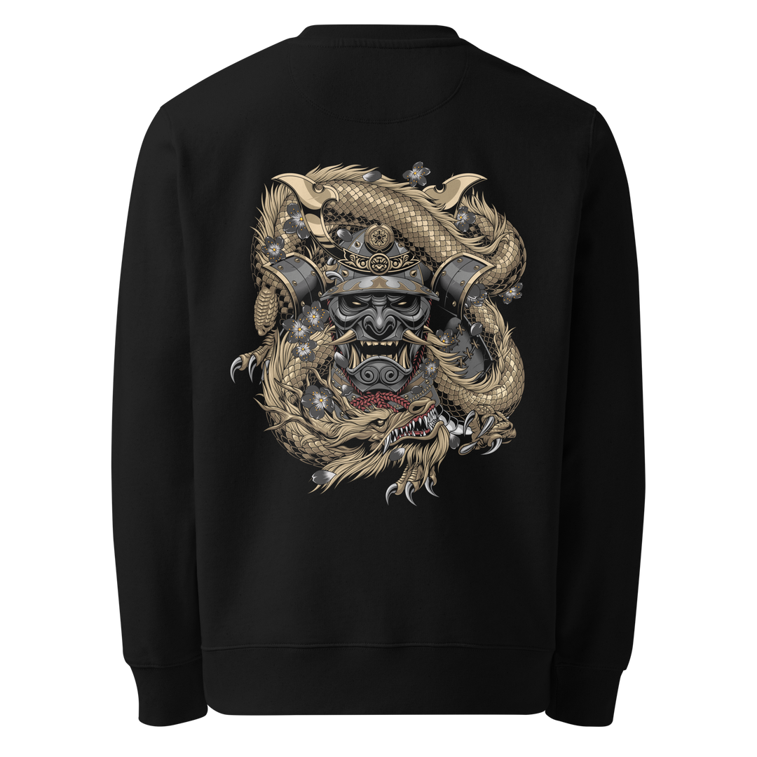 Back view of black sweatshirt featuring Irezumi tattoo-inspired samurai mask with gold dragon coiled around it design, made from 100% organic ring-spun cotton, regular fit with ribbed cuffs and hem.