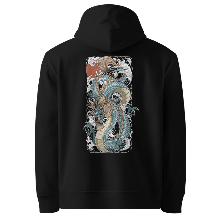 Back view of black hoodie featuring Irezumi tattoo-inspired sapphire dragon riding crashing waves design, made from 100% organic cotton, regular fit with ribbed cuffs and hem.