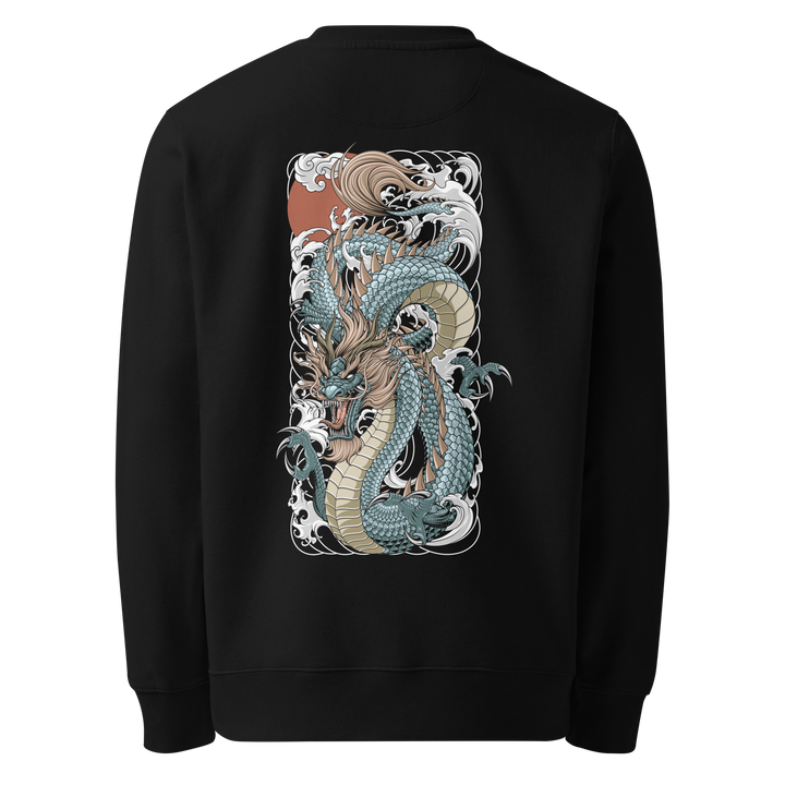 Back view of black sweatshirt featuring Irezumi tattoo-inspired sapphire tide dragon rising through waves design, made from 100% organic ring-spun cotton, regular fit with ribbed cuffs and hem.