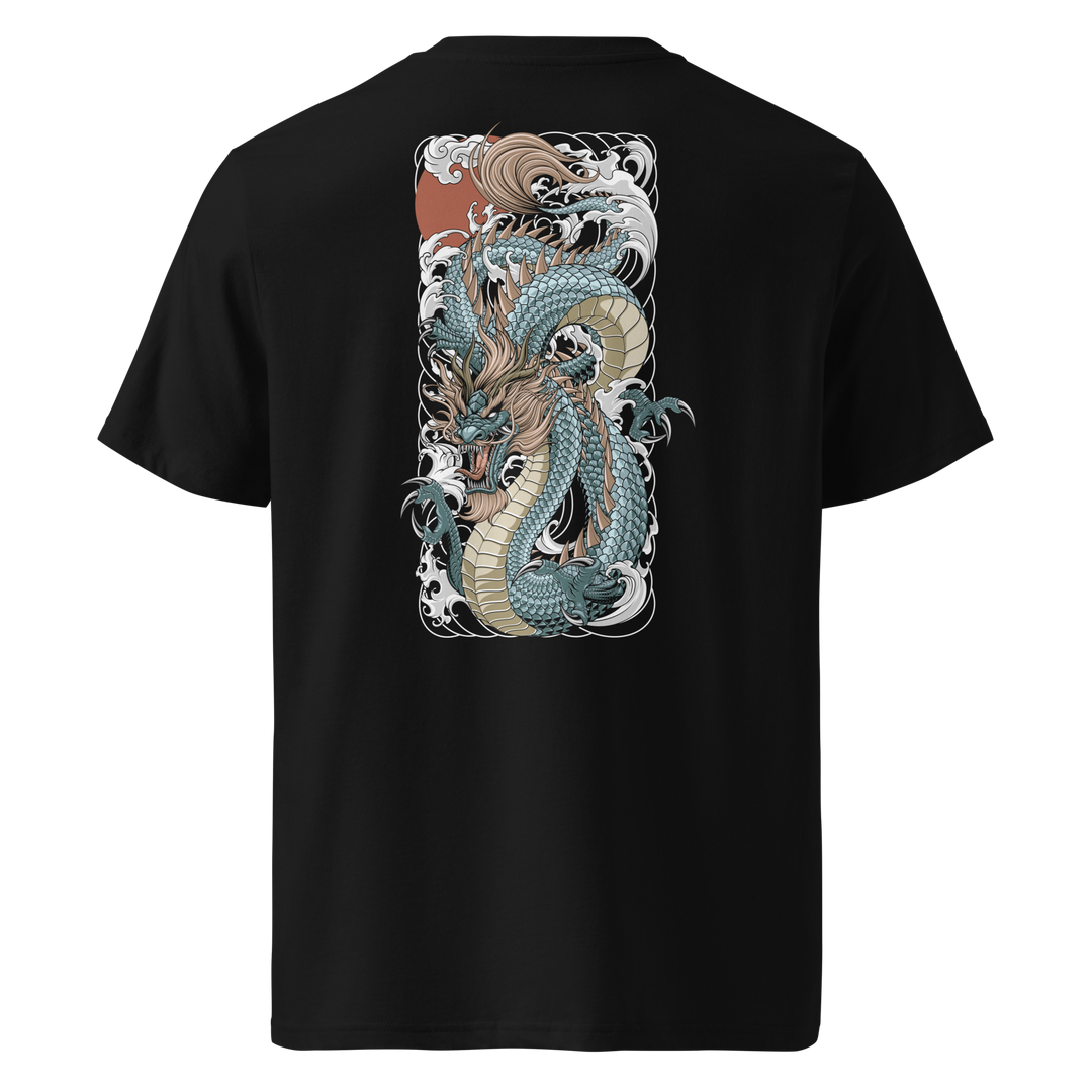 Back view of black t-shirt featuring Irezumi tattoo-inspired sapphire tide dragon with waves design, made from 100% organic ring-spun cotton, regular fit with ribbed collar and durable double-needle stitching.