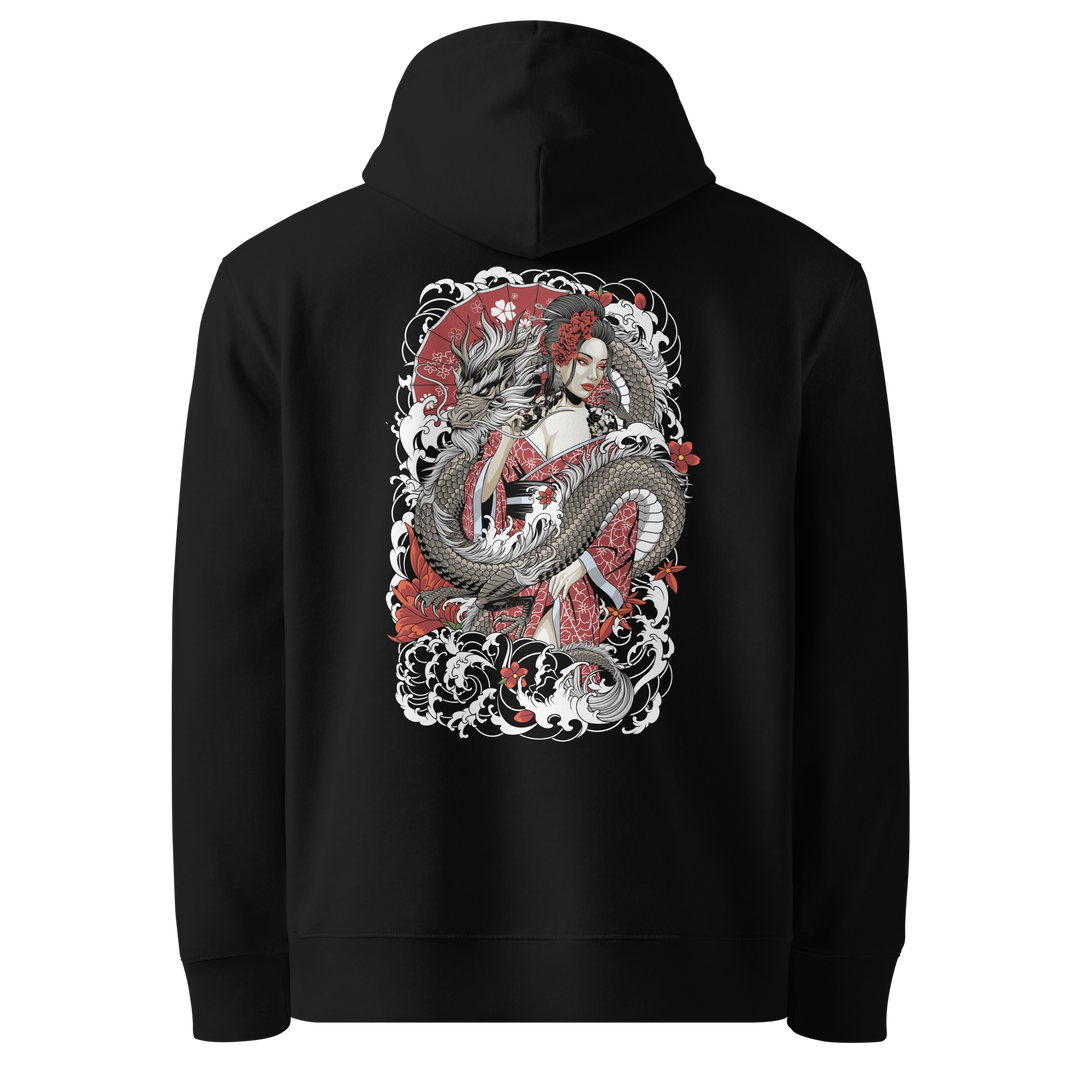 Back view of black hoodie featuring Irezumi tattoo-inspired scarlet geisha intertwined with a golden dragon design, made from 100% organic cotton, regular fit with ribbed cuffs and hem.