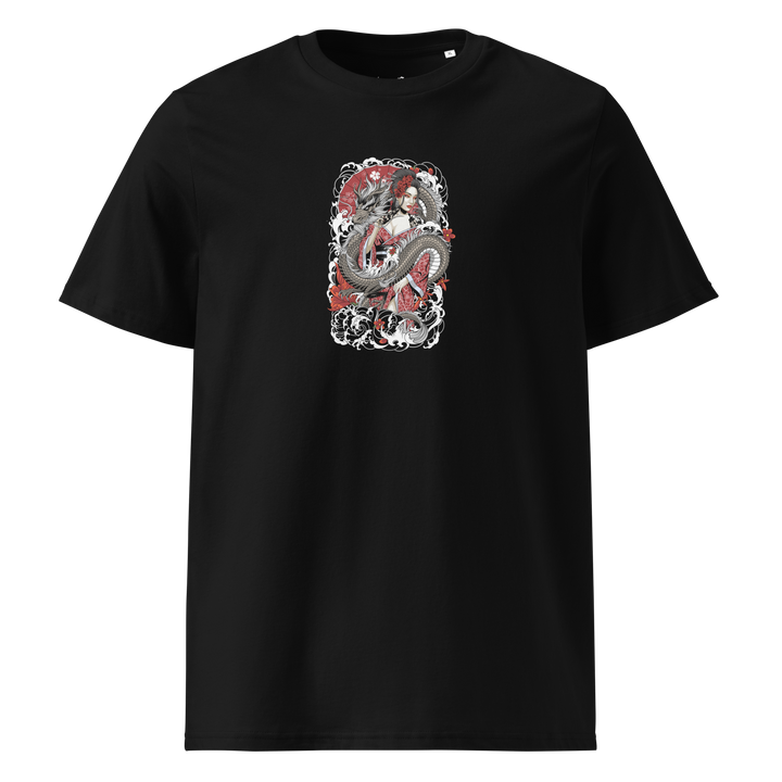 Serpentine Grace Graphic Tee in Black, front print of coiled dragon and Geisha – Japanese streetwear style