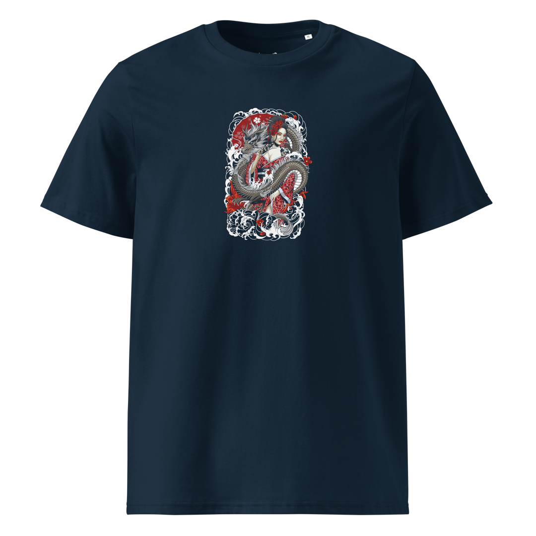 Serpentine Grace Graphic Tee in French Navy, featuring front print of a coiled dragon and Geisha – Irezumi-inspired streetwear