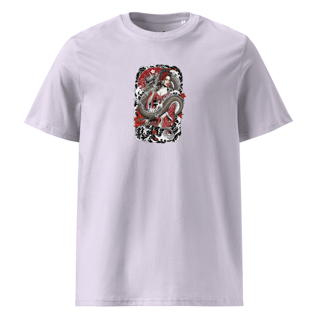 Serpentine Grace Graphic Tee in Lavender, with a front print of a coiled dragon and Geisha – Japanese streetwear with a modern touch