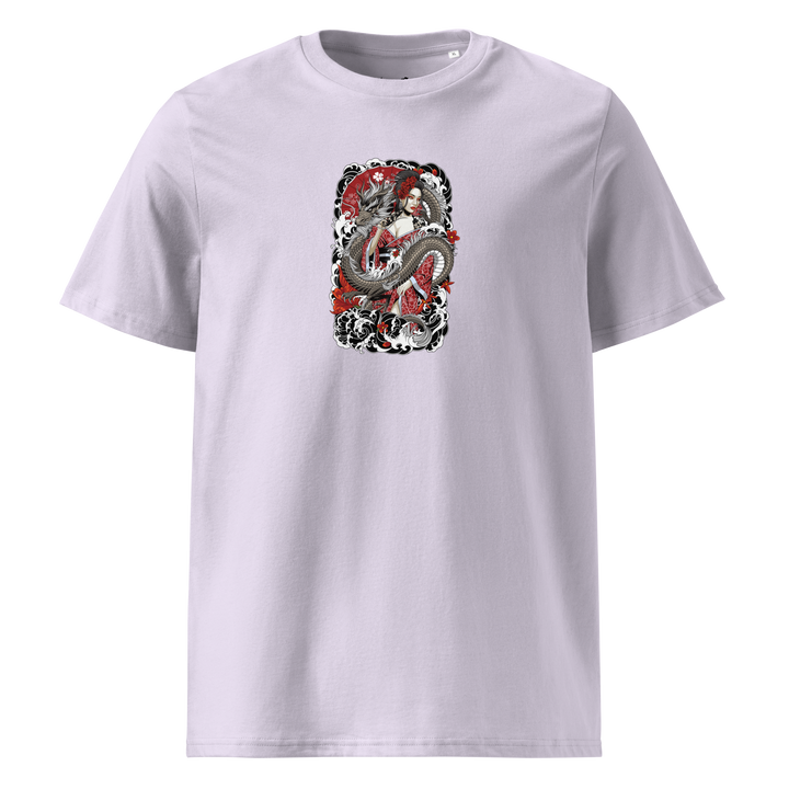 Serpentine Grace Graphic Tee in Lavender, with a front print of a coiled dragon and Geisha – Japanese streetwear with a modern touch