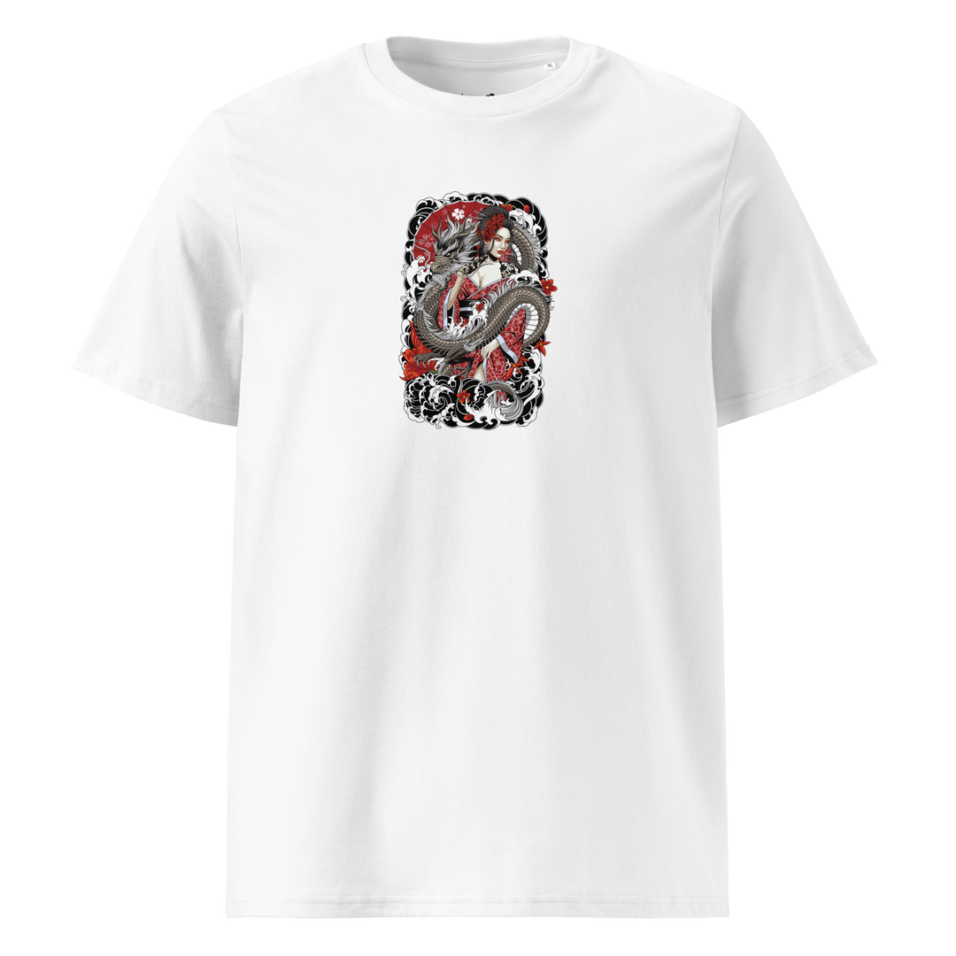 Serpentine Grace Graphic Tee in White, highlighting the front print of a coiled dragon and Geisha – Japanese tattoo-inspired design