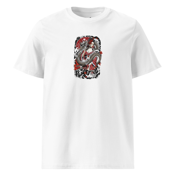 Serpentine Grace Graphic Tee in White, highlighting the front print of a coiled dragon and Geisha – Japanese tattoo-inspired design