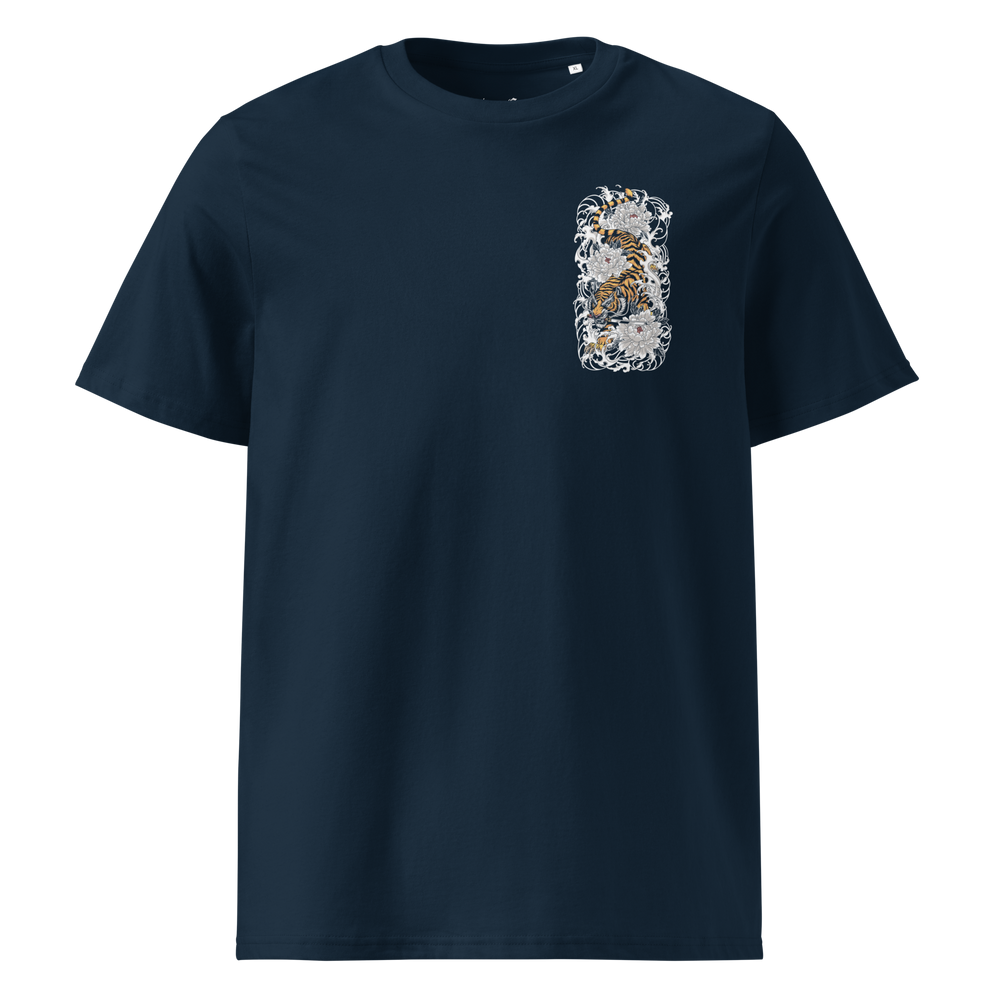 left chest graphic print of a tiger descending on a french navy graphic tee