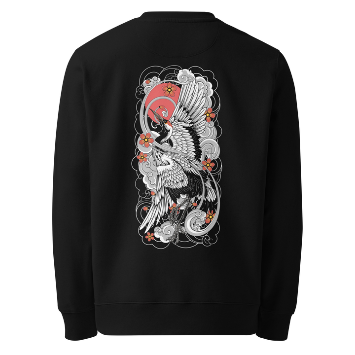 Back view of black sweatshirt featuring Irezumi tattoo-inspired soaring white crane design, made from 100% organic ring-spun cotton, regular fit with ribbed cuffs and hem.