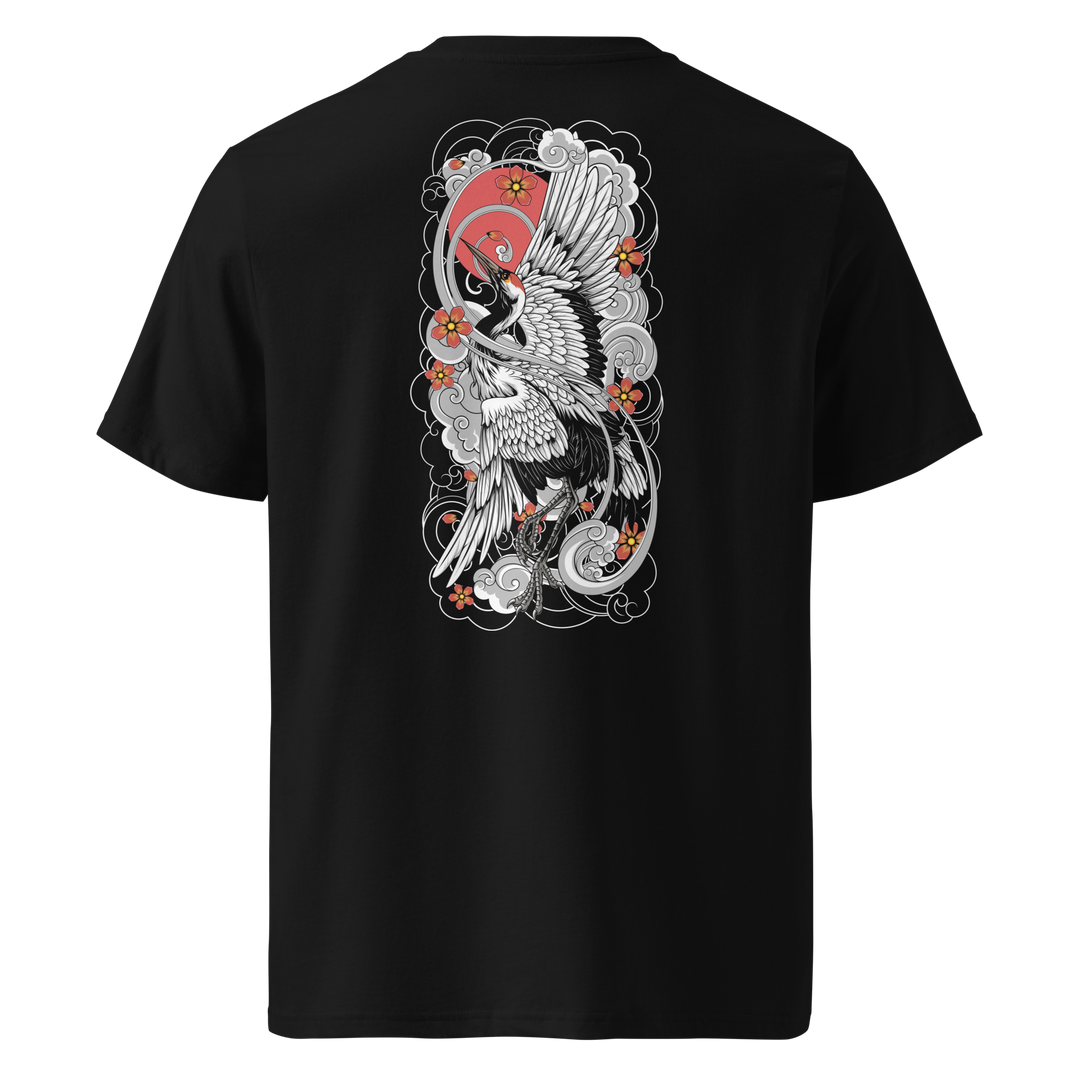 Back view of black t-shirt featuring Irezumi tattoo-inspired soaring white crane design, made from 100% organic ring-spun cotton, regular fit with ribbed collar and durable double-needle stitching.