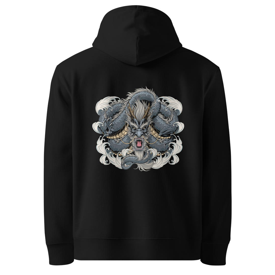 Back view of black hoodie featuring Irezumi tattoo-inspired steel coiled dragon weaving through waves design, made from 100% organic cotton, regular fit with ribbed cuffs and hem.