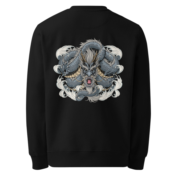 Back view of black sweatshirt featuring Irezumi tattoo-inspired steel coiled dragon through waves design, made from 100% organic ring-spun cotton, regular fit with ribbed cuffs and hem.