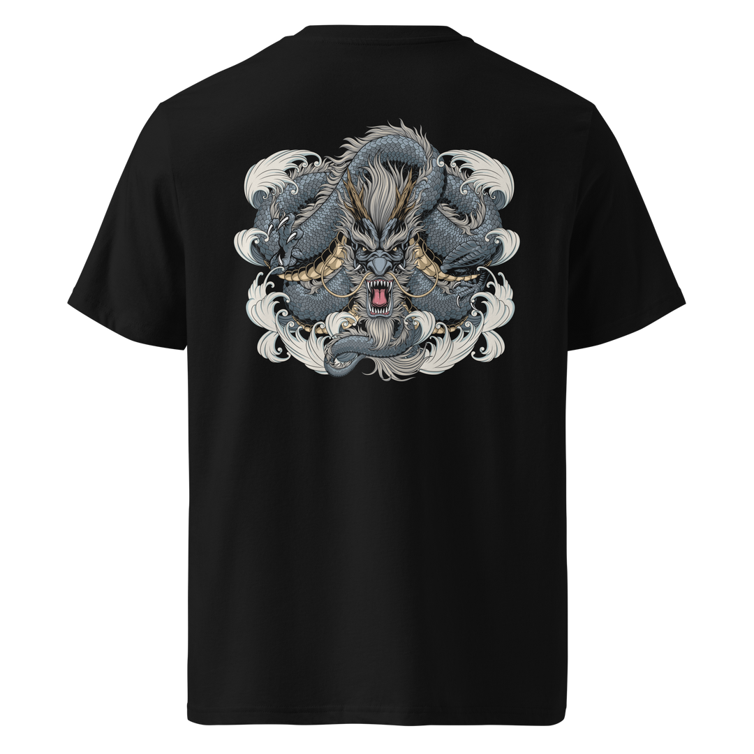 Back view of black t-shirt featuring Irezumi tattoo-inspired steel coiled dragon design, made from 100% organic ring-spun cotton, regular fit with ribbed collar and durable double-needle stitching.