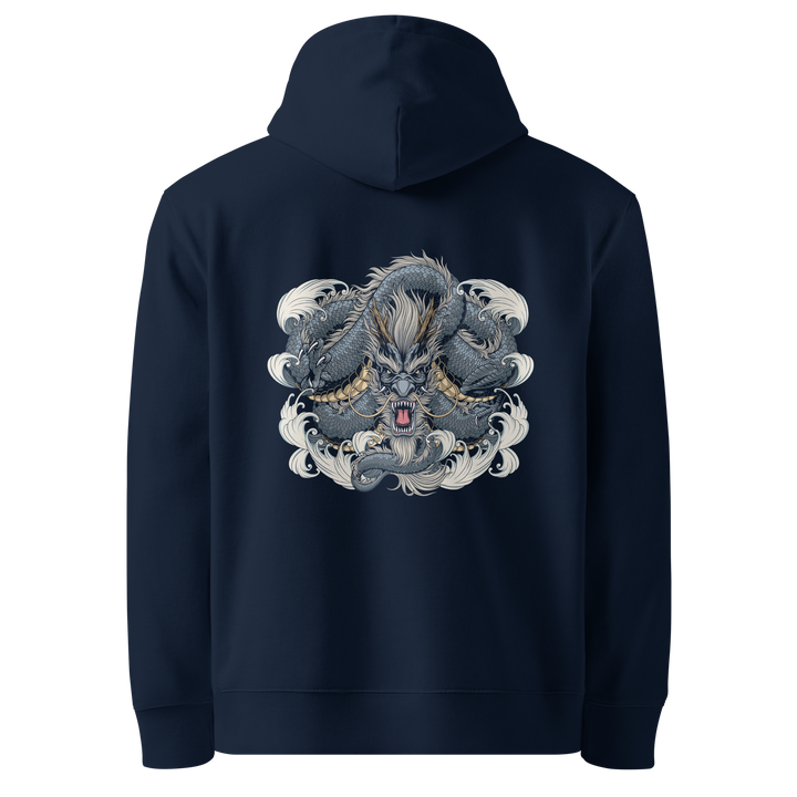 Back view of blue hoodie featuring Irezumi tattoo-inspired steel coiled dragon weaving through waves design, made from 100% organic cotton, regular fit with ribbed cuffs and hem.