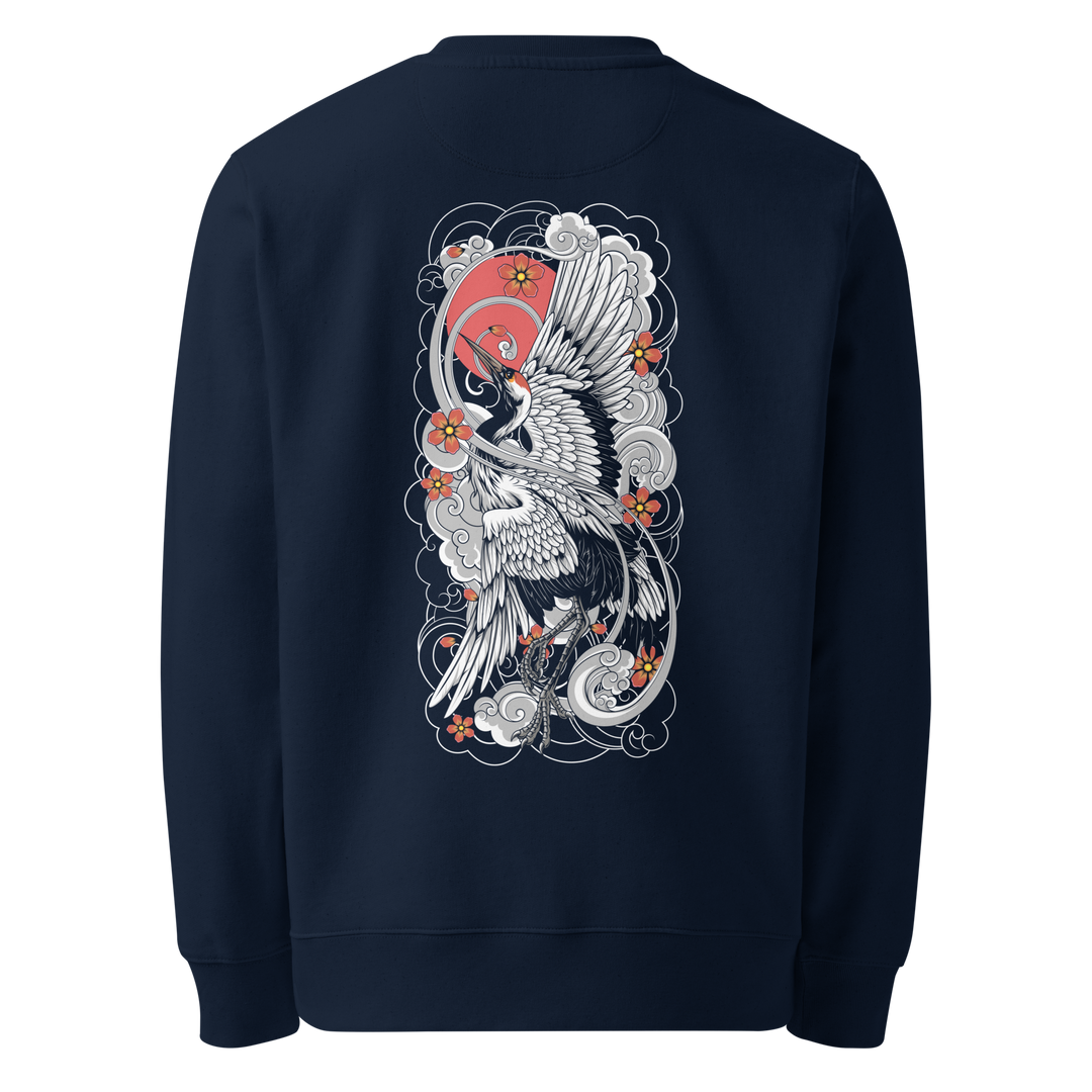 French navy sweatshirt showcasing a Sunrise Symphony back print inspired by Japanese Irezumi art.